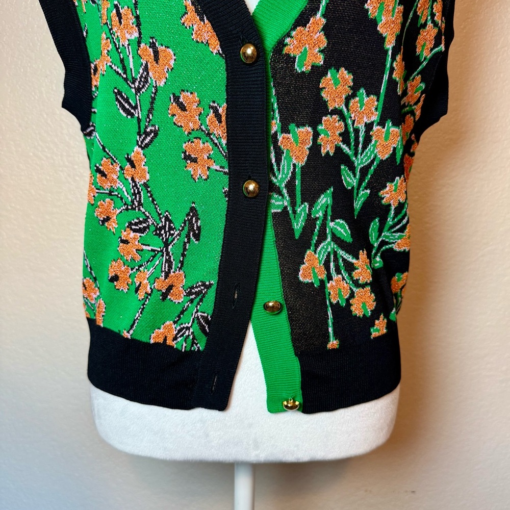 Urban Revivo Color Block Floral Sweater Vest Green Black Sparkly Size 4 - Picture 4 of 13